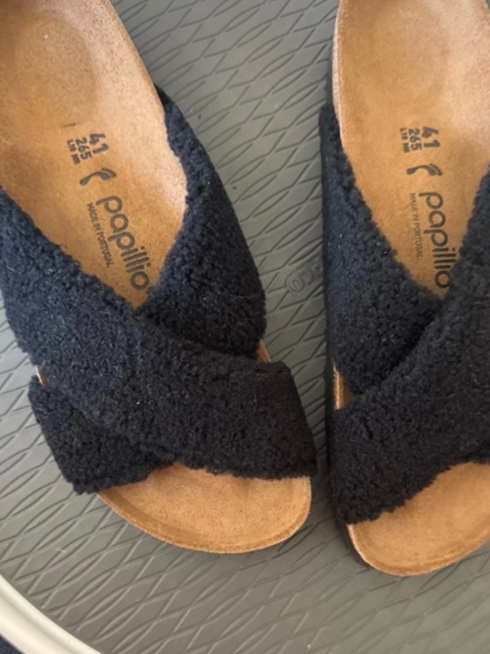 Papillio Black Crisscross Fuzzy Slide Sandals